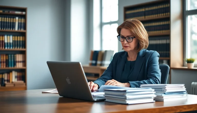 Traductrice jurée professionnelle travaillant avec diligence à son bureau avec des documents juridiques.