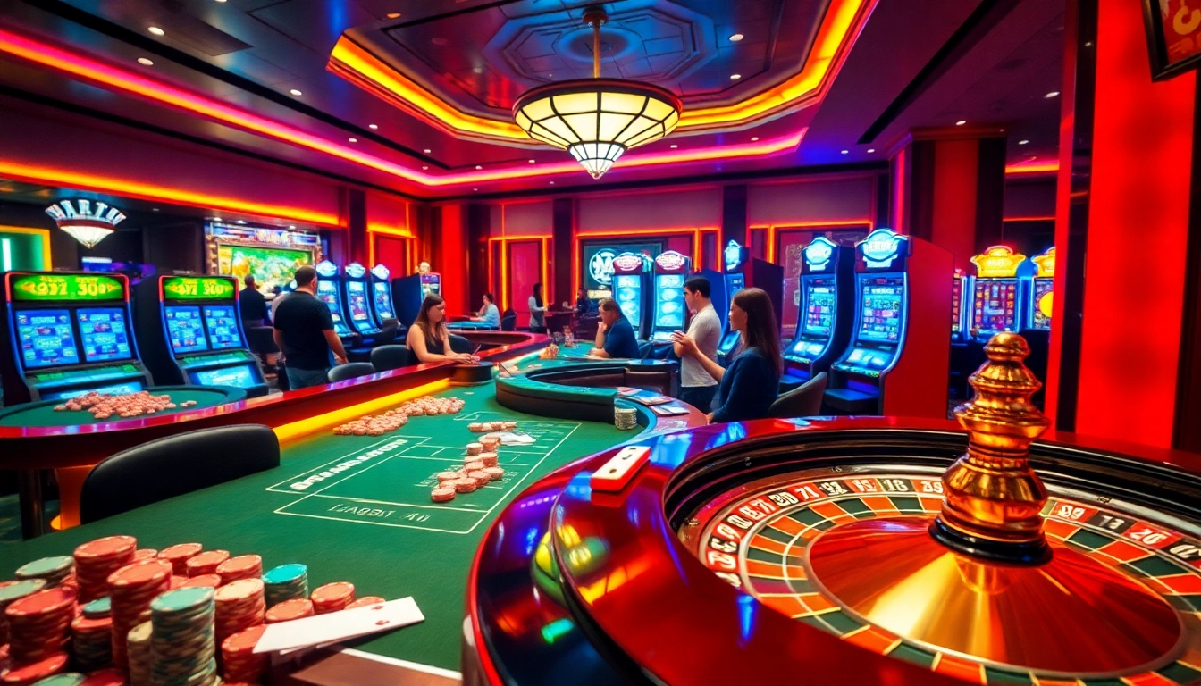 Exciting gaming action at nhà cái 888b with colorful casino tables and vibrant slot machines.