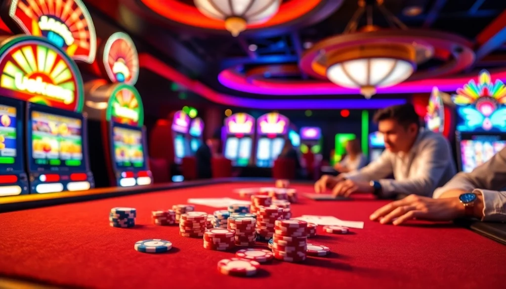 Players enjoying a thrilling poker game at u888 casino with vibrant slot machines in the background.