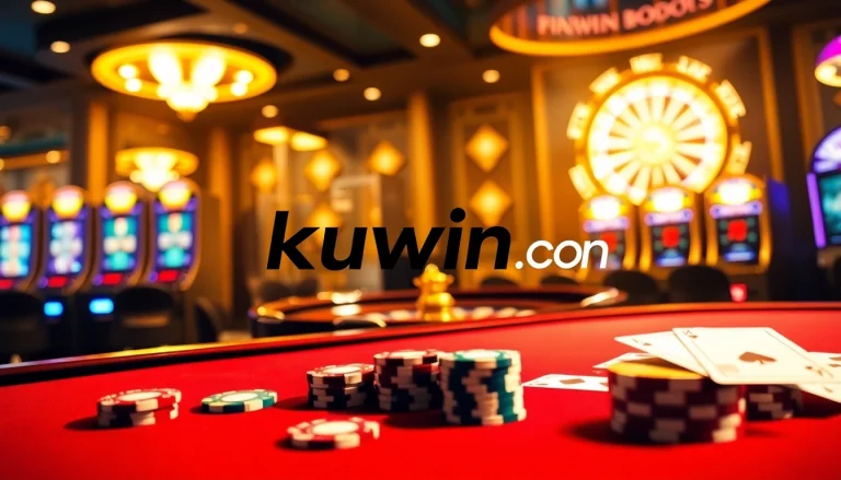 Kuwin.com showcases a vibrant online casino scene with a roulette wheel, poker chips, and glowing slot machines.