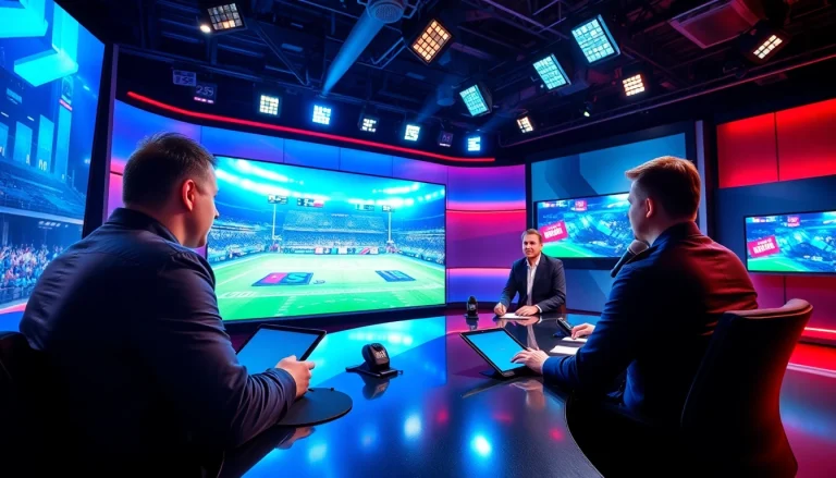 Sports Broadcasting analysts discussing live events in a vibrant studio.