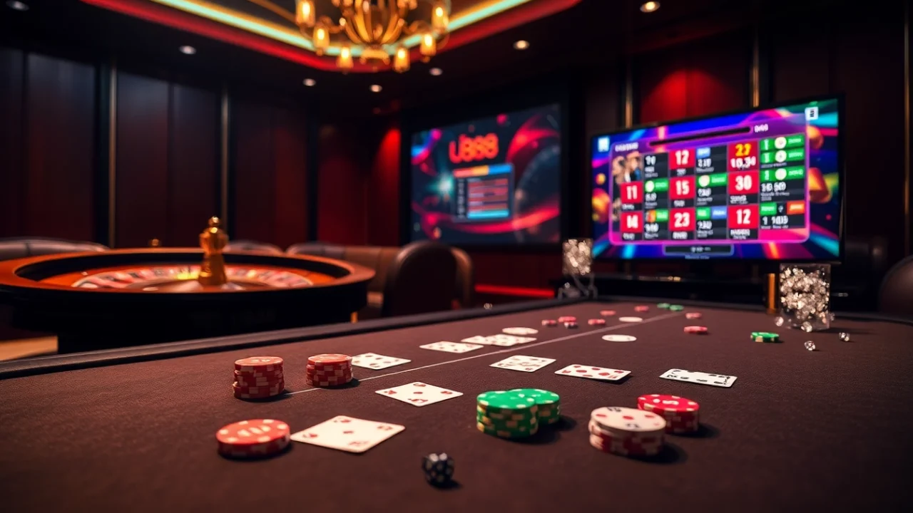 Exciting poker table with u888 online gambling interface and vibrant chips.