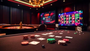 Exciting poker table with u888 online gambling interface and vibrant chips.