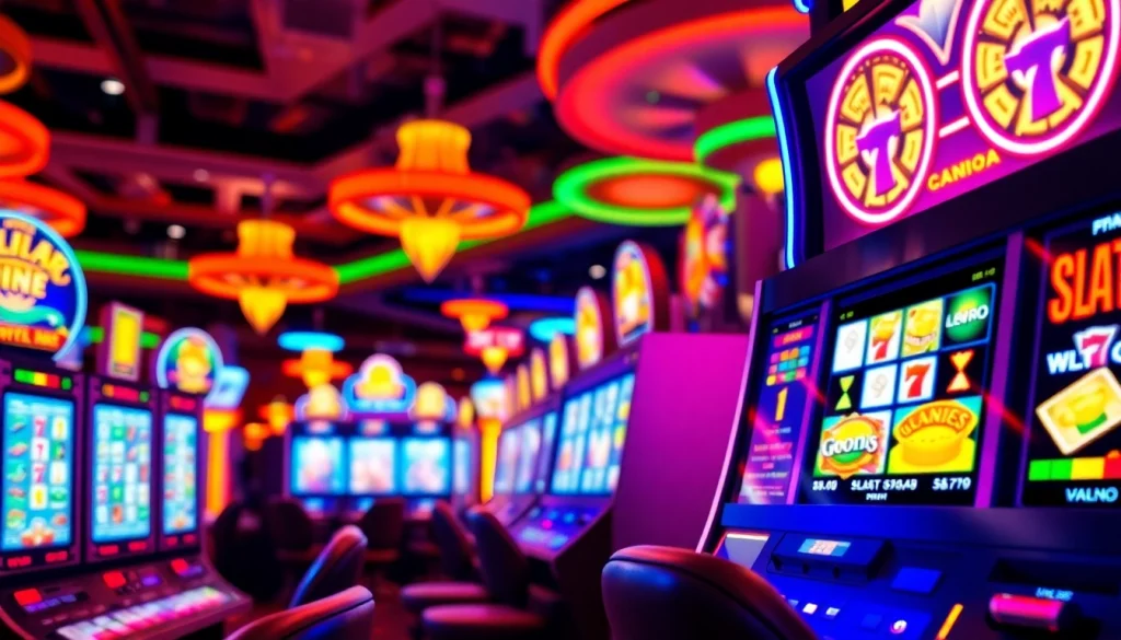 Gagnez à machines à sous en ligne casino avec des lumières vives dans une ambiance de casino animée.