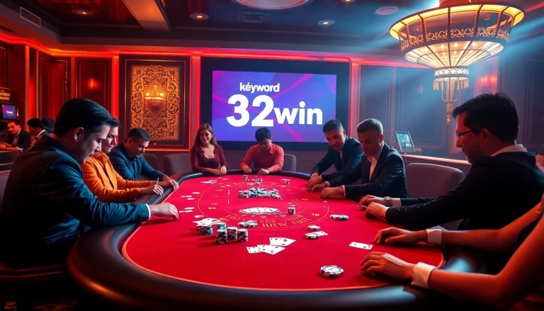 Engaging scene at nhà cái 32win casino with players at a gaming table surrounded by poker chips and cards.