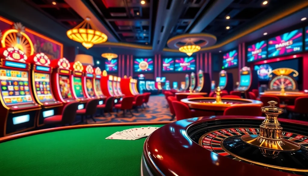 The scene captures vibrant online casino gaming, showcasing meilleur nouveau casino en ligne with roulette, poker, and slot machines.