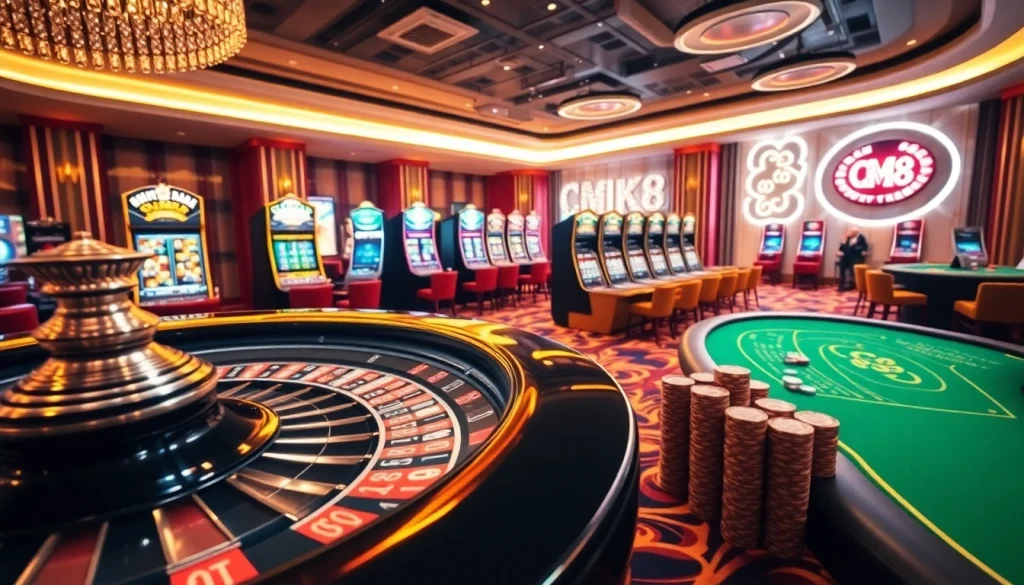 Exciting casino scene with CM88 branding and vibrant gaming elements.