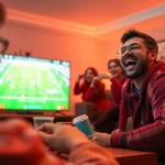 Xoilac TV's HD streaming experience showcased through a passionate fan enjoying live football.