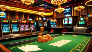 Exciting online casino scene illustrating rút tiền FLY88 with poker chips and slot machines in vibrant colors.