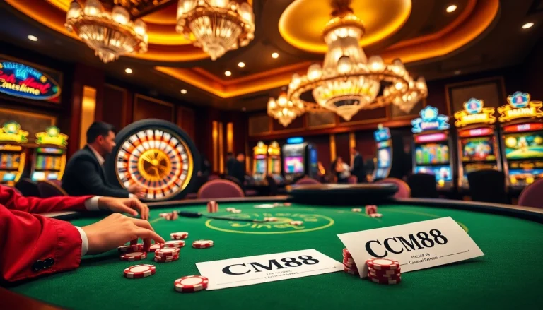 Exciting gambling scene featuring CM88 poker table, colorful chips, and roulette wheel.