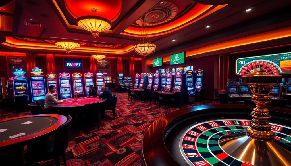 Exciting casino atmosphere at F88BET with lively poker tables and vibrant slot machines.