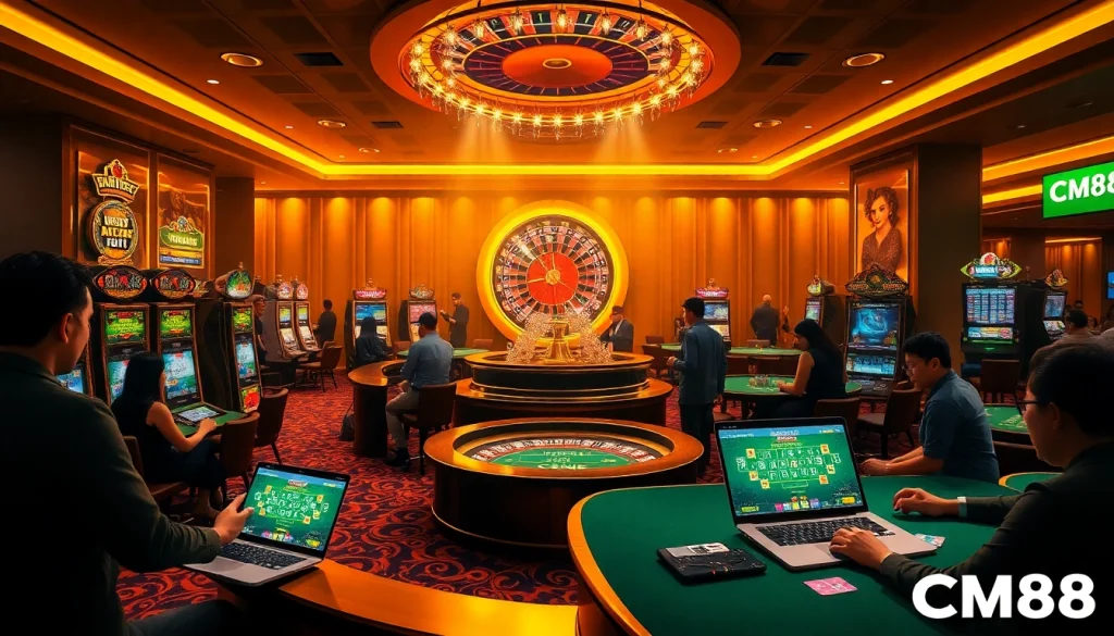 Excited gamblers engaging with CM88 branding on poker tables in a luxurious casino environment.